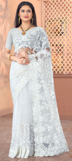 Festive, Party Wear White and Off White color Saree in Net fabric with Classic Embroidered, Resham, Stone, Thread work : 1733089