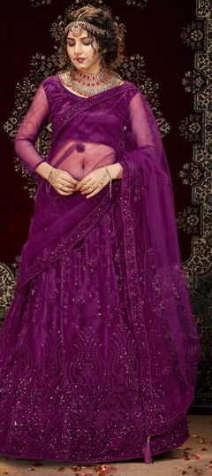 Purple and Violet color Lehenga in Net fabric with Embroidered, Sequence, Thread work