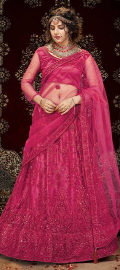 Pink and Majenta color Lehenga in Net fabric with Embroidered, Sequence, Thread work