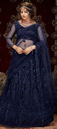 Blue color Lehenga in Net fabric with Embroidered, Sequence, Thread work