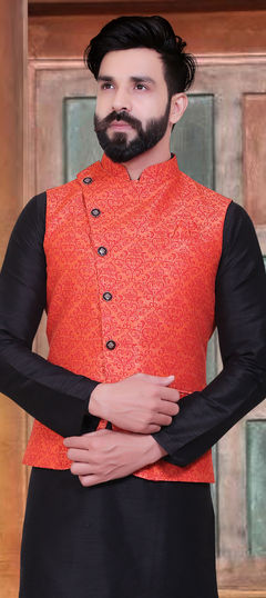 Orange color Modi Jacket in Jacquard fabric with Weaving work