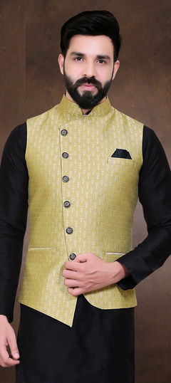 Yellow color Modi Jacket in Brocade fabric with Weaving work