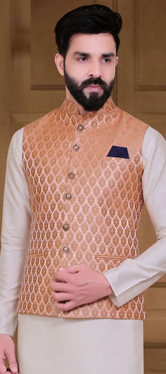 Pink and Majenta color Modi Jacket in Brocade fabric with Weaving work