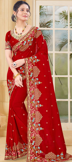 Red and Maroon color Saree in Art Silk, Silk fabric with Embroidered, Resham, Thread, Zari work