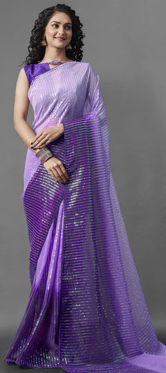Purple and Violet color Saree in Georgette fabric with Sequence work