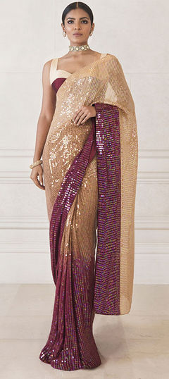 Beige and Brown color Saree in Georgette fabric with Sequence work