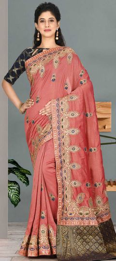 Pink and Majenta color Saree in Satin Silk, Silk fabric with Embroidered, Stone, Thread, Zari work