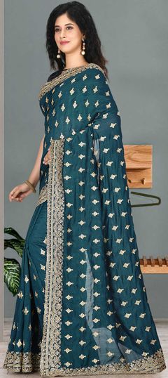 Blue color Saree in Satin Silk, Silk fabric with Embroidered, Stone, Thread, Zari work