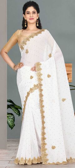 Festive, Wedding White and Off White color Saree in Georgette fabric with Classic Embroidered, Stone, Thread work : 1733742