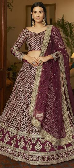 Red and Maroon color Lehenga in Crepe Silk fabric with Sequence, Thread work