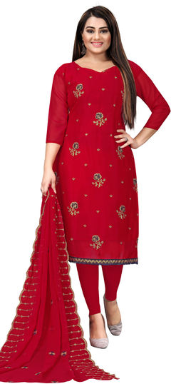 Red and Maroon color Salwar Kameez in Faux Georgette fabric with Embroidered, Resham, Thread work