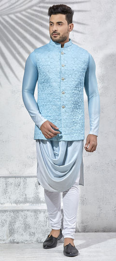 Blue color Kurta Pyjama with Jacket in Lycra fabric with Thread work