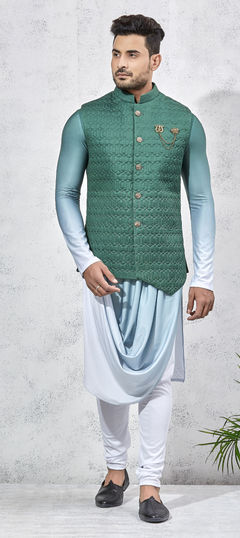 Green color Kurta Pyjama with Jacket in Lycra fabric with Patch, Thread work