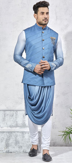 Blue color Kurta Pyjama with Jacket in Lycra fabric with Embroidered, Patch, Thread work