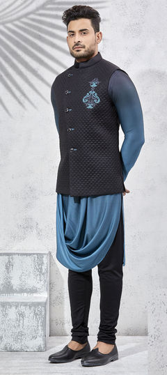 Black and Grey, Blue color Kurta Pyjama with Jacket in Lycra fabric with Embroidered, Thread work