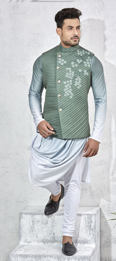 Green color Kurta Pyjama with Jacket in Lycra fabric with Embroidered, Thread work