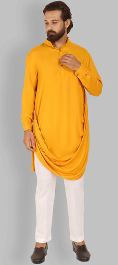 Yellow color Kurta Pyjamas in Rayon fabric with Thread work
