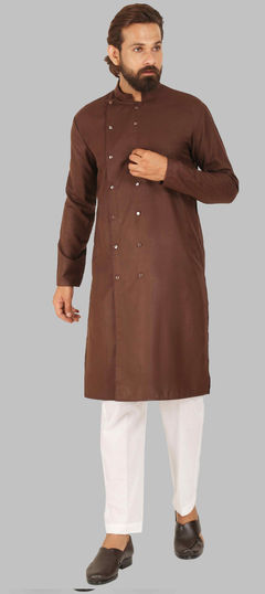 Beige and Brown color Kurta Pyjamas in Cotton fabric with Thread work