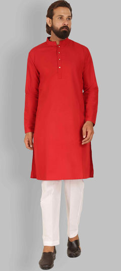 Red and Maroon color Kurta Pyjamas in Cotton fabric with Thread work