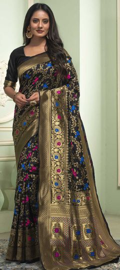 Black and Grey color Saree in Art Silk, Silk fabric with Weaving work