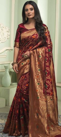 Red and Maroon color Saree in Art Silk, Silk fabric with Weaving work