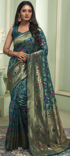 Blue color Saree in Art Silk, Silk fabric with Weaving work