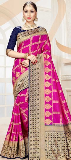 Pink and Majenta color Saree in Banarasi Silk, Silk fabric with Weaving work