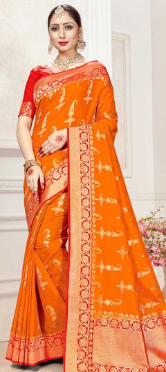 Orange color Saree in Banarasi Silk, Silk fabric with Weaving work
