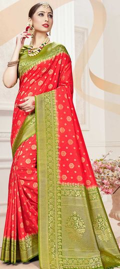 Red and Maroon color Saree in Banarasi Silk, Silk fabric with Weaving work