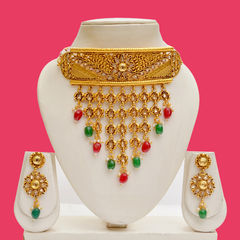 Gold Rodium Polish Multicolor color Necklace in Copper studded with Beads, Cubic Zirconia, Pearl