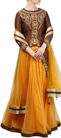 Beige and Brown color Long Lehenga Choli in Silk fabric with Zardozi work