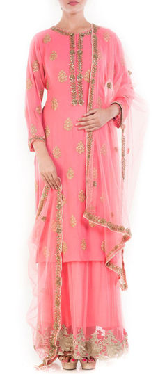 Pink and Majenta color Long Lehenga Choli in Georgette, Net fabric with Lace, Sequence, Thread, Zari work