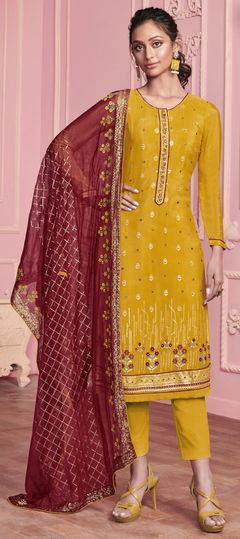 Yellow color Salwar Kameez in Georgette fabric with Embroidered, Sequence, Thread, Zari work