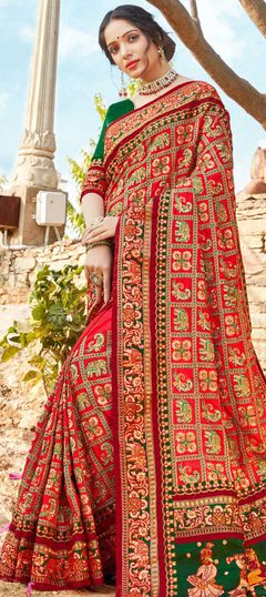 Red and Maroon color Saree in Satin Silk, Silk fabric with Embroidered, Stone, Thread work