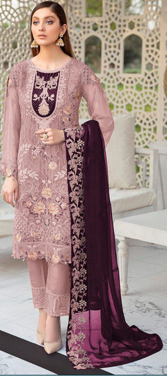 Pink and Majenta color Salwar Kameez in Faux Georgette fabric with Embroidered, Resham, Thread work