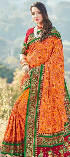 Orange color Saree in Satin Silk, Silk fabric with Embroidered, Stone, Thread work