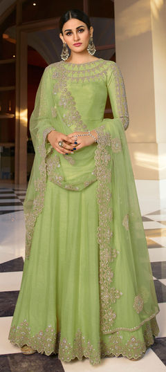 Festive, Wedding Green color Salwar Kameez in Art Silk fabric with Anarkali Embroidered, Lace, Stone, Thread work : 1735938