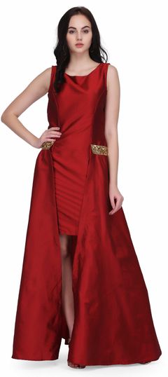 Party Wear Red and Maroon color Dress in Taffeta Silk fabric with Sequence, Thread work : 1735956