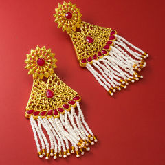 Gold Rodium Polish Pink and Majenta, White and Off White color Earrings in Metal Alloy studded with Kundan, Pearl