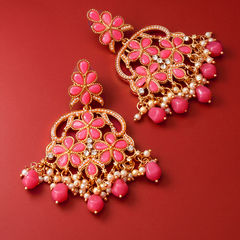 Gold Rodium Polish Pink and Majenta color Earrings in Metal Alloy studded with Kundan, Pearl