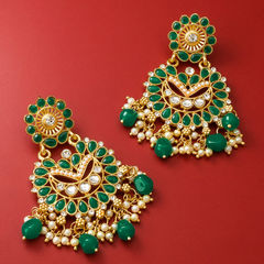 Gold Rodium Polish Green, White and Off White color Earrings in Metal Alloy studded with Kundan, Pearl