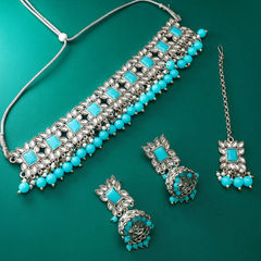 Silver Rodium Polish Blue color Necklace in Metal Alloy studded with Kundan, Pearl