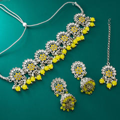 Silver Rodium Polish Yellow color Necklace in Metal Alloy studded with Kundan, Pearl