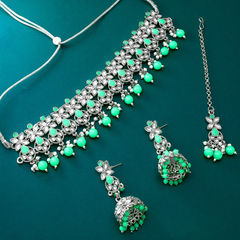 Silver Rodium Polish Green color Necklace in Metal Alloy studded with Kundan, Pearl