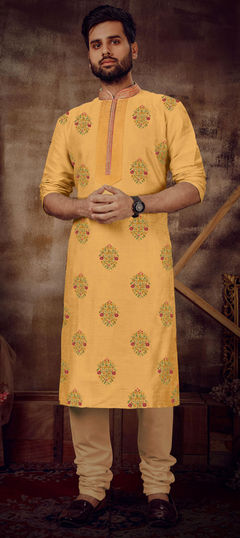 Yellow color Kurta Pyjamas in Poly Silk fabric with Embroidered, Thread work