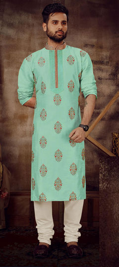 Blue color Kurta Pyjamas in Poly Silk fabric with Embroidered, Thread work