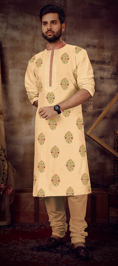 Orange color Kurta Pyjamas in Poly Silk fabric with Embroidered, Thread work