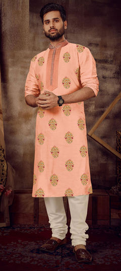 Pink and Majenta color Kurta Pyjamas in Poly Silk fabric with Embroidered, Thread work