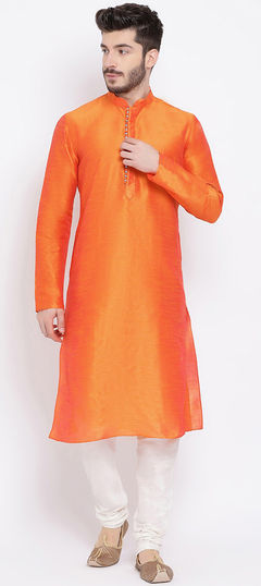 Orange color Kurta Pyjamas in Dupion Silk fabric with Thread work