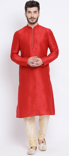 Red and Maroon color Kurta Pyjamas in Dupion Silk fabric with Thread work